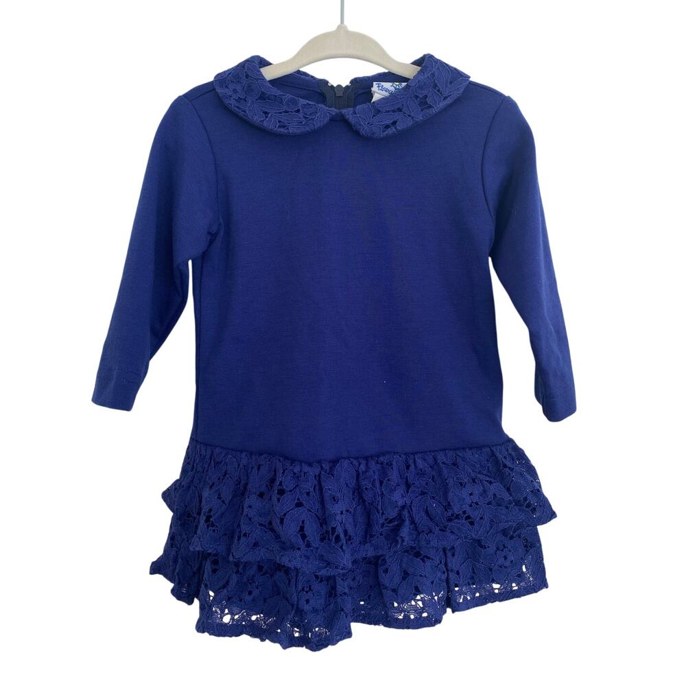 Florence Eiseman Baby Girls Dress Navy Blue Ruffle Lace Peter Pan Collar 18m